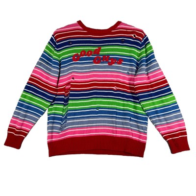 Chucky Sweater Mens XXL Rainbow Stripe Good Guys Destroyed Crew Goth Whimsygoth