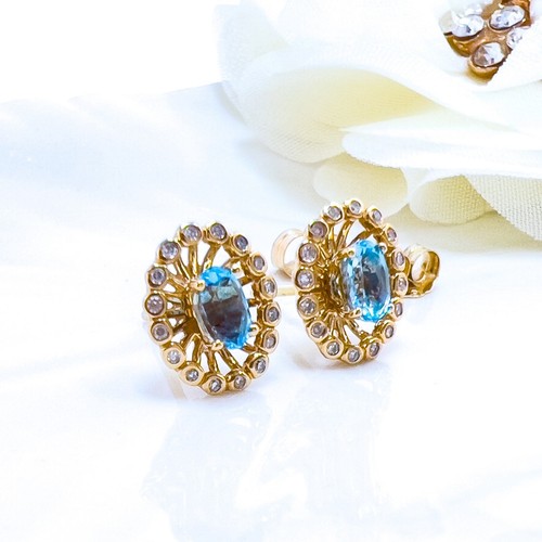 14k Yellow Gold Swiss Blue Topaz & Diamond Halo Oval Stud Earrings, New - Picture 3 of 11