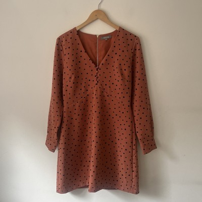 Oasis Orange & Black Polka Dot Long Sleeved Mini Dress Lined Size UK 14 Unworn