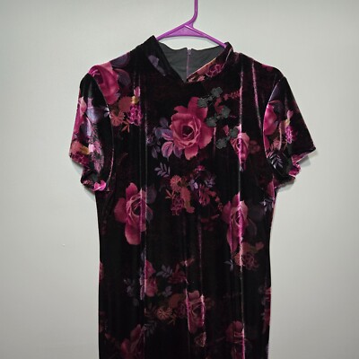 Vtg Teddi Evening Velvet Feel Japenese Stype Maxi Dress Floral Sz 14 Double Slit
