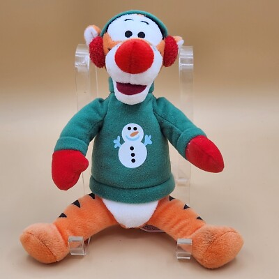 Disney Store TIGGER the Tiger Plush with Snowman Christmas Sweater 9 1/2 