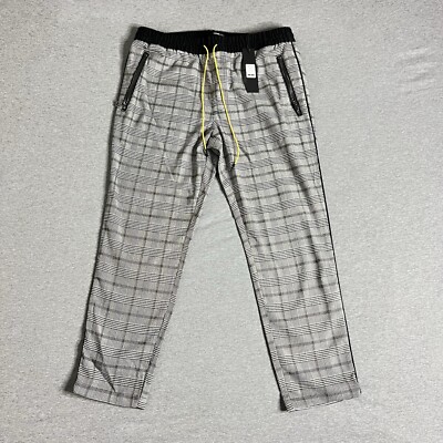 NWT Nova Men s Large Issa Hit Gray Black Plaid Joggers Yellow Drawstring NTC64