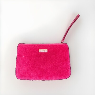 Ipsy December 2016 Pink Fuzzy Faux Fur Wristlet Glam Bag Makeup Bag Glittery