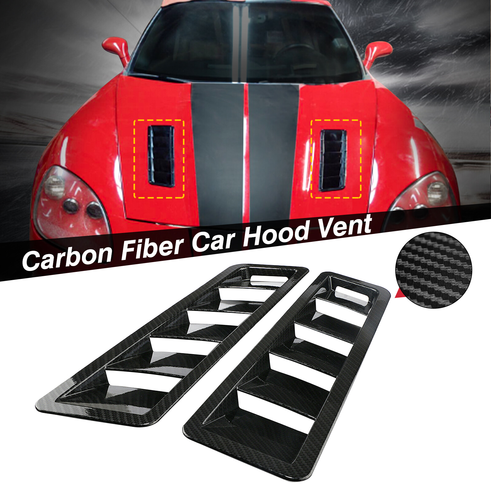 2x Carbon Fiber Car Hood Vent Scoop Louver Scoop Cover Air Flow Intake Universal