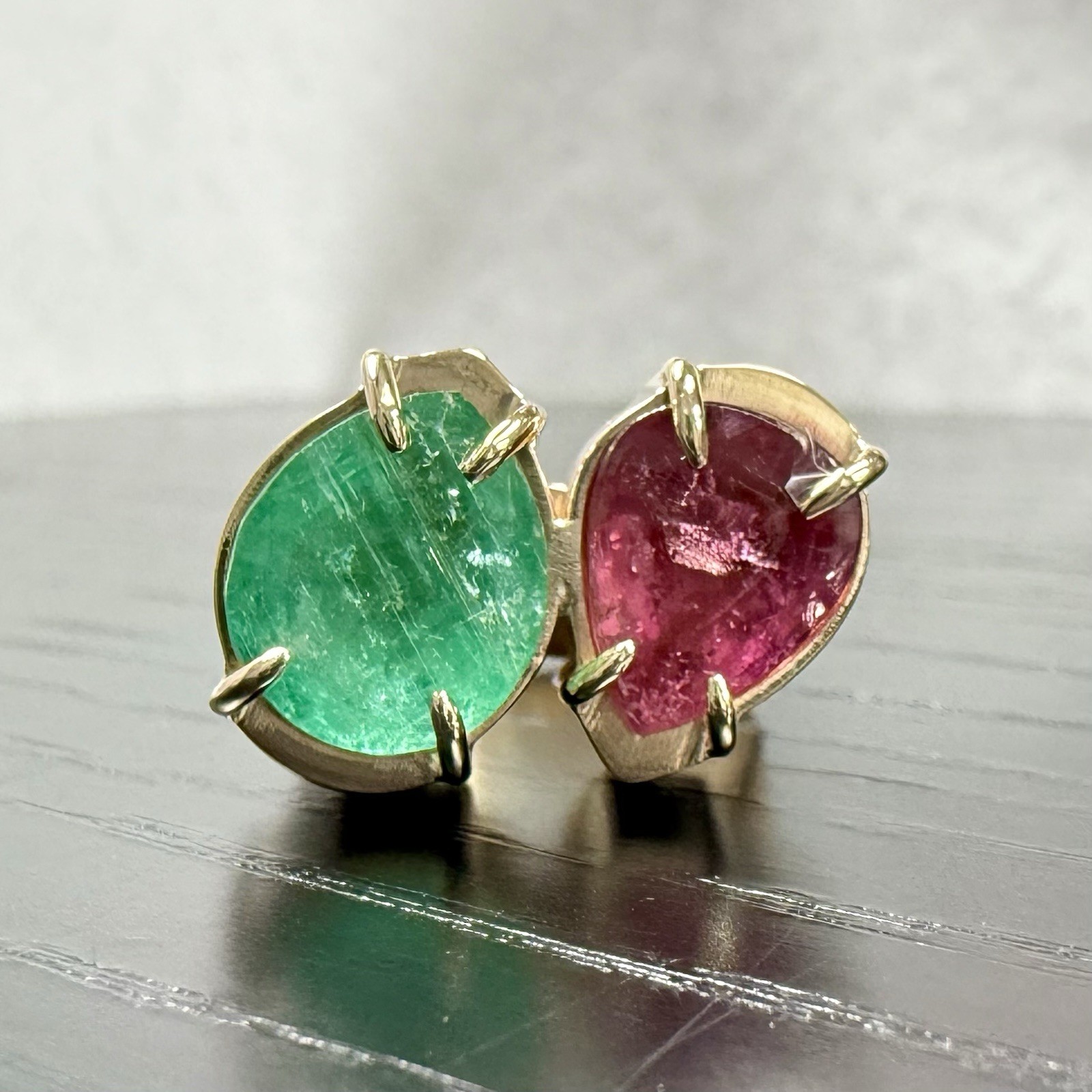 14k Yellow Gold Genuine Emerald & Pink Tourmaline Modernist Ring, New Size 6.5 - Picture 1 of 14