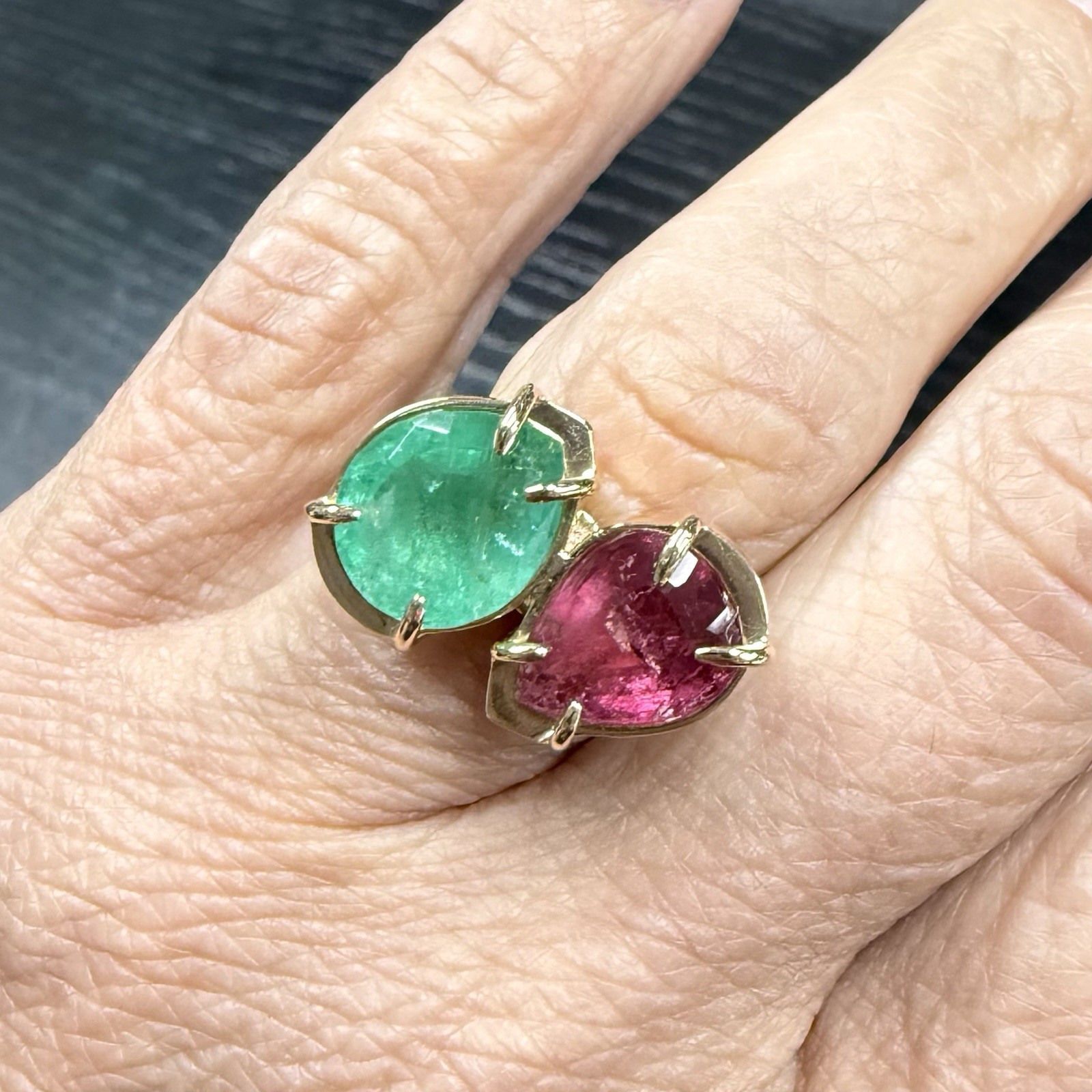 14k Yellow Gold Genuine Emerald & Pink Tourmaline Modernist Ring, New Size 6.5 - Picture 2 of 14
