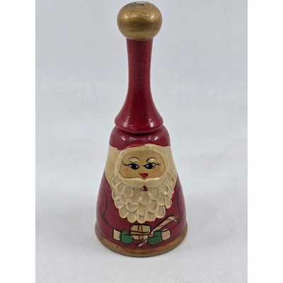Vintage Wooden Santa Claus Hand Painted Christmas Bell Folk Art Red Gold 5.5"