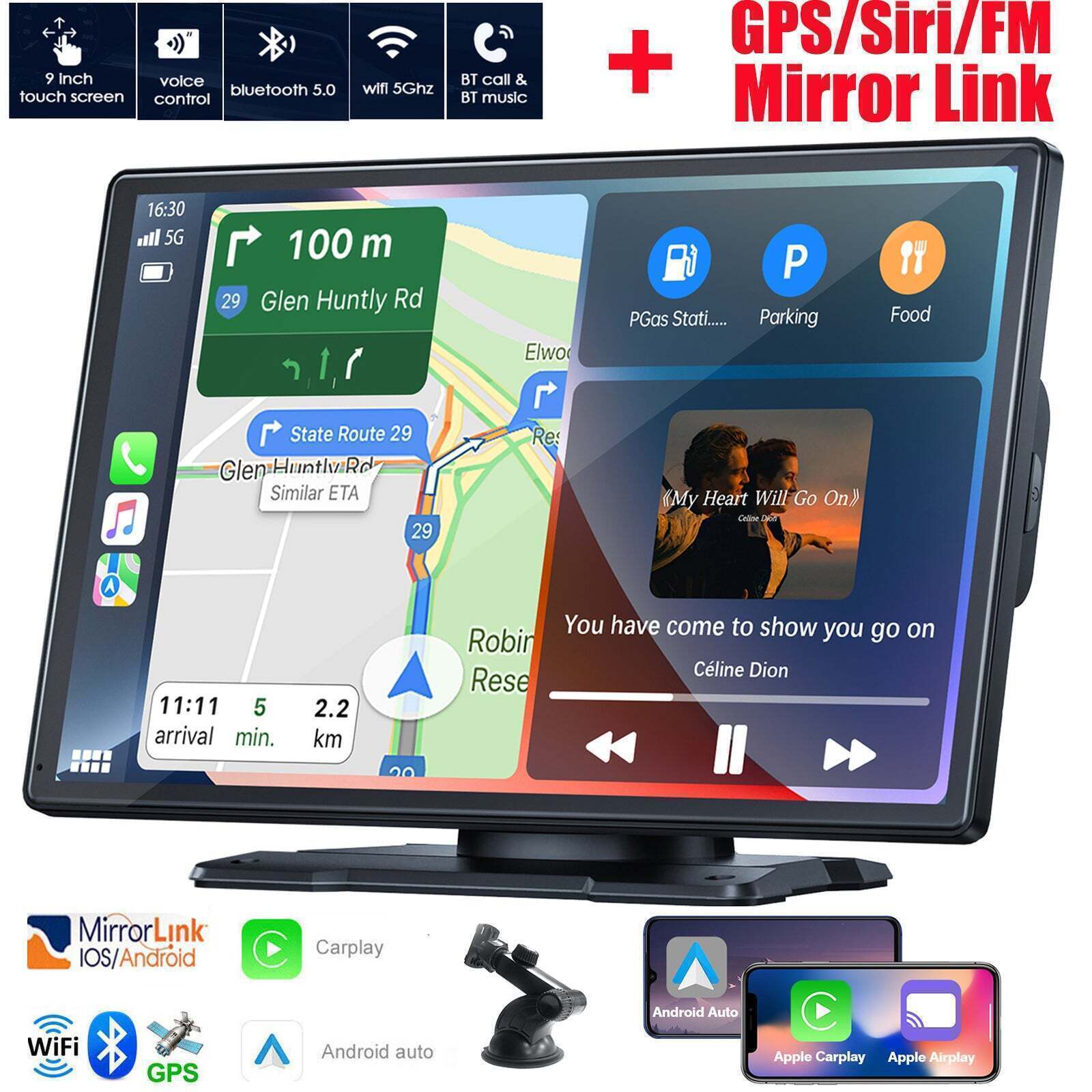 9"Portable Car Stereo Radio Wireless Apple Carplay/Android Auto Touch Screen GPS
