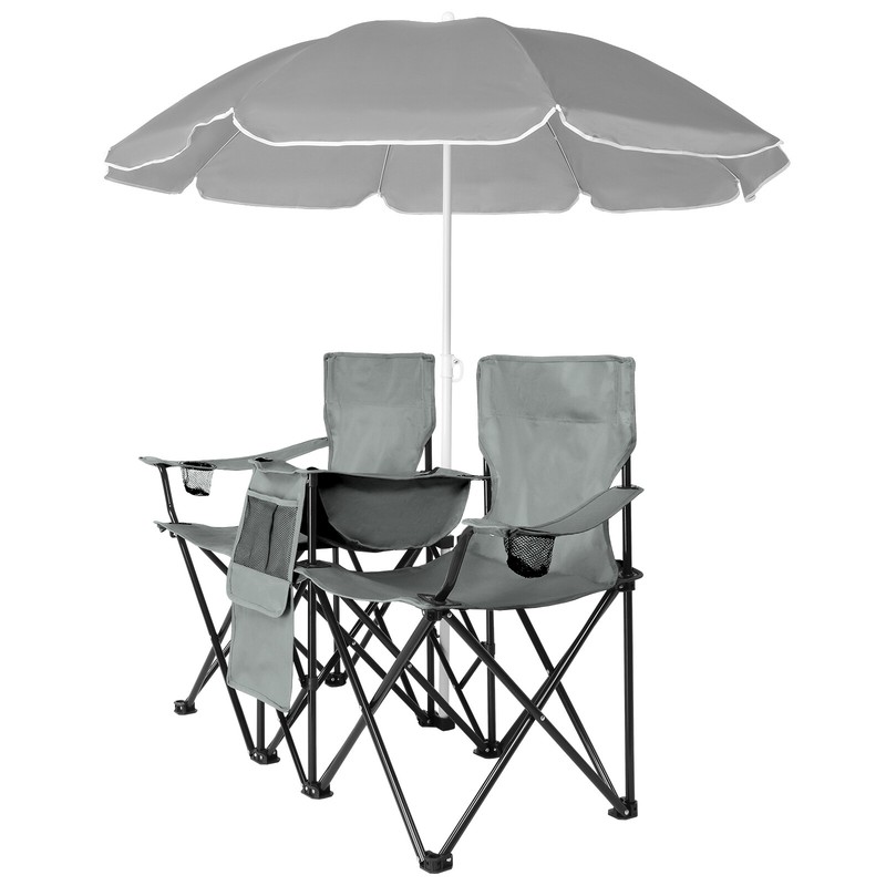 Double Folding Chair Picnic Cooler Camping Beach with Removable Sun