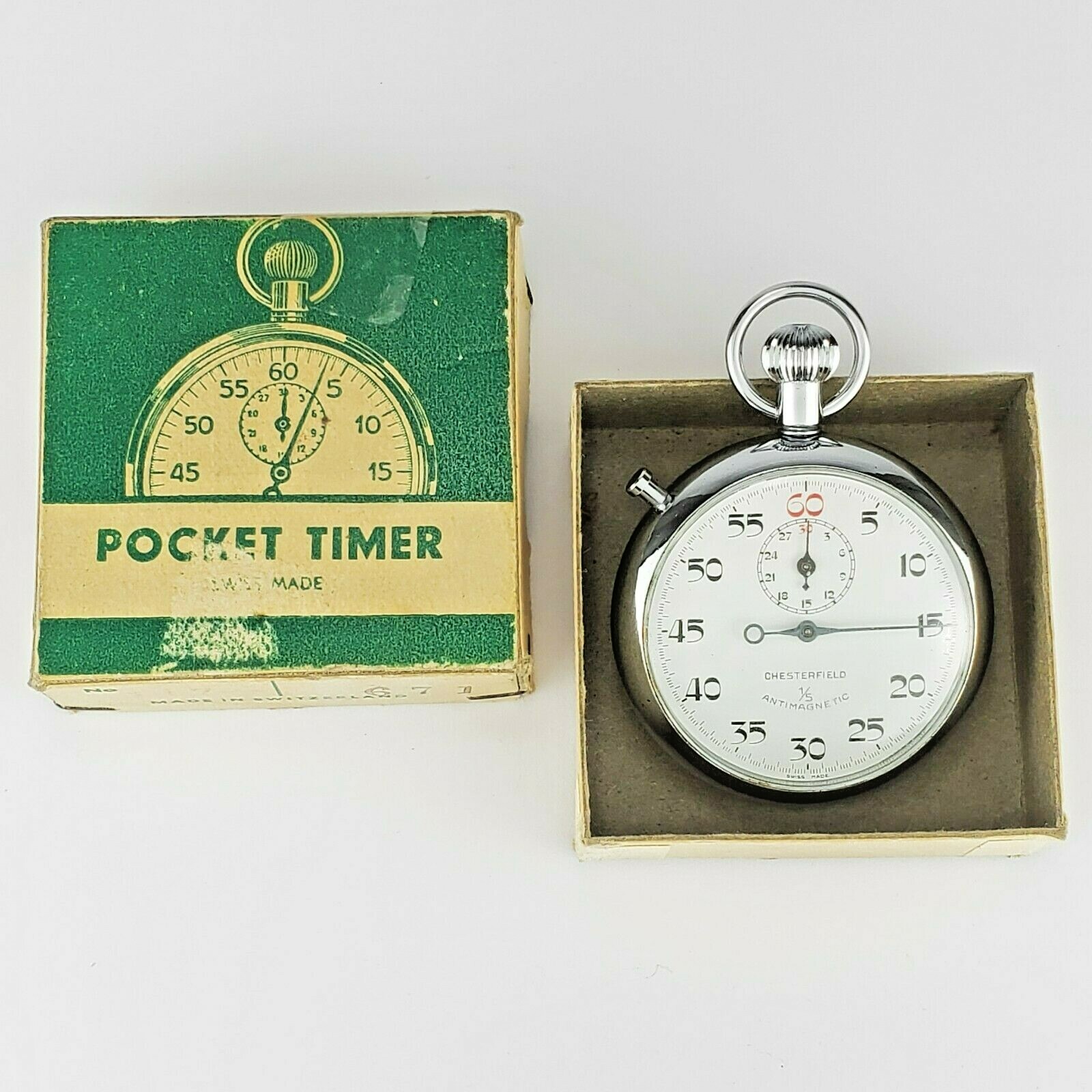 Vintage Chesterfield 7 Jewels 1/5 Stop Watch Timer in boxの