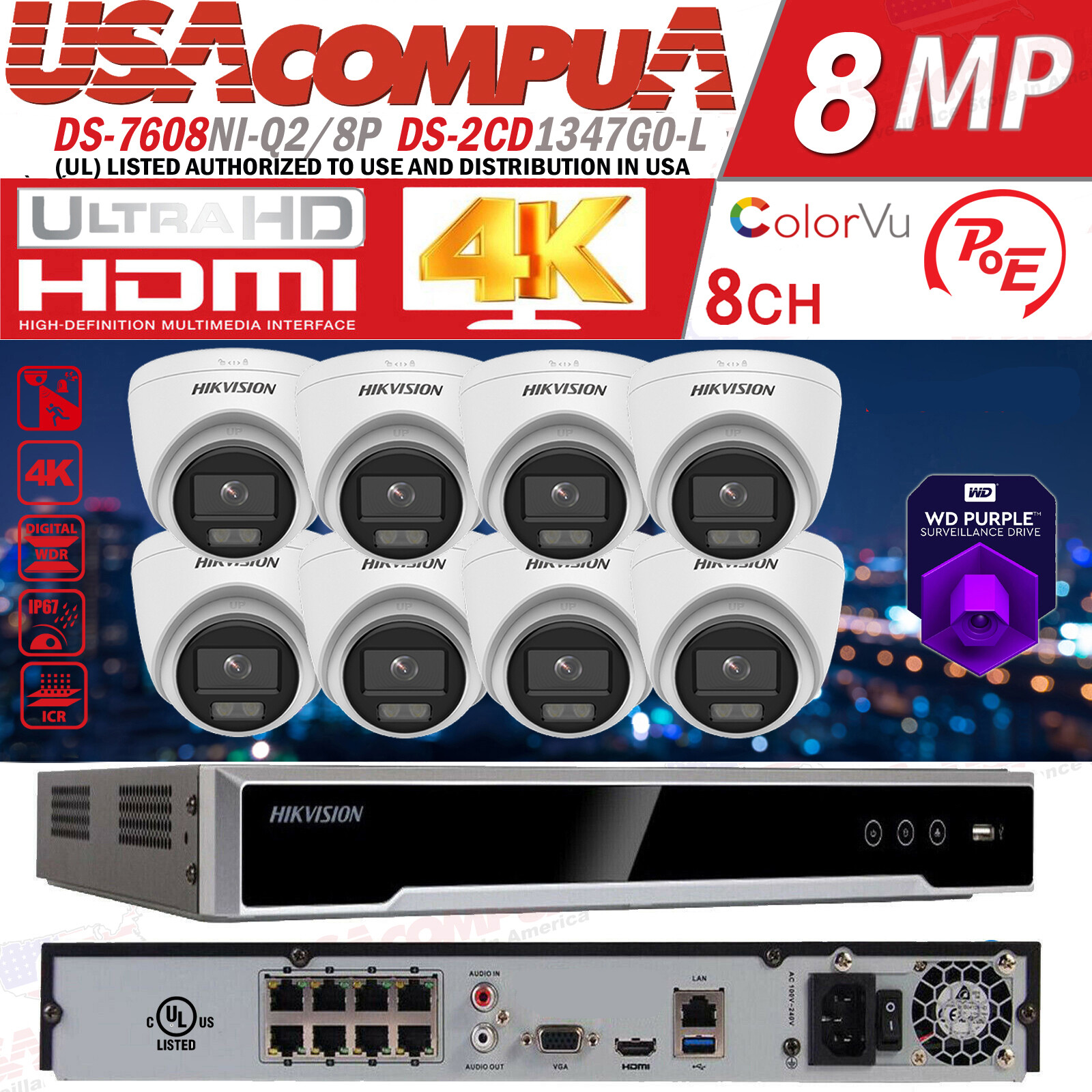 Hikvision 8CH NVR 8MP ColorVu Security IP Camera system DS-2CD1347G0-L 0.001 lux