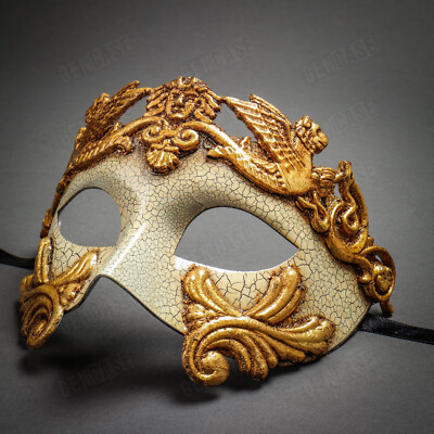 Venetian Crackle White w/ Gold Foil Men Masquerade Ball Dress UP Party Face Mask