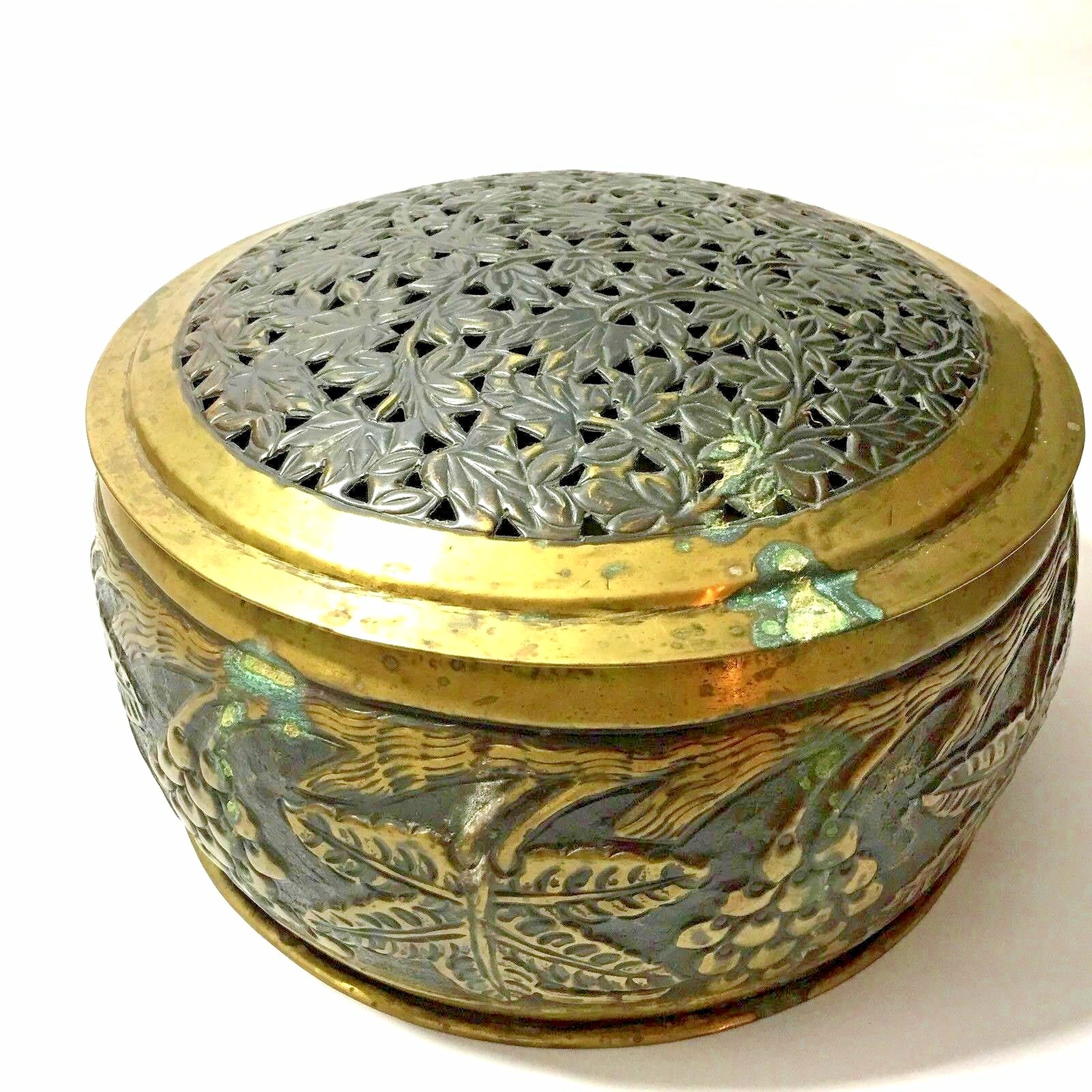 Large Embossed Brass Round Container Storage Box Ornate Filigree Lid