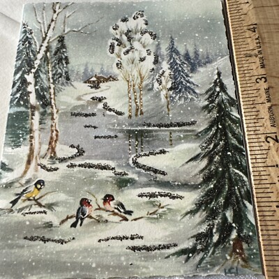 Vtg Unused Christmas Card Glitter snow Scene Birds Red Yellow trees AG W/Env