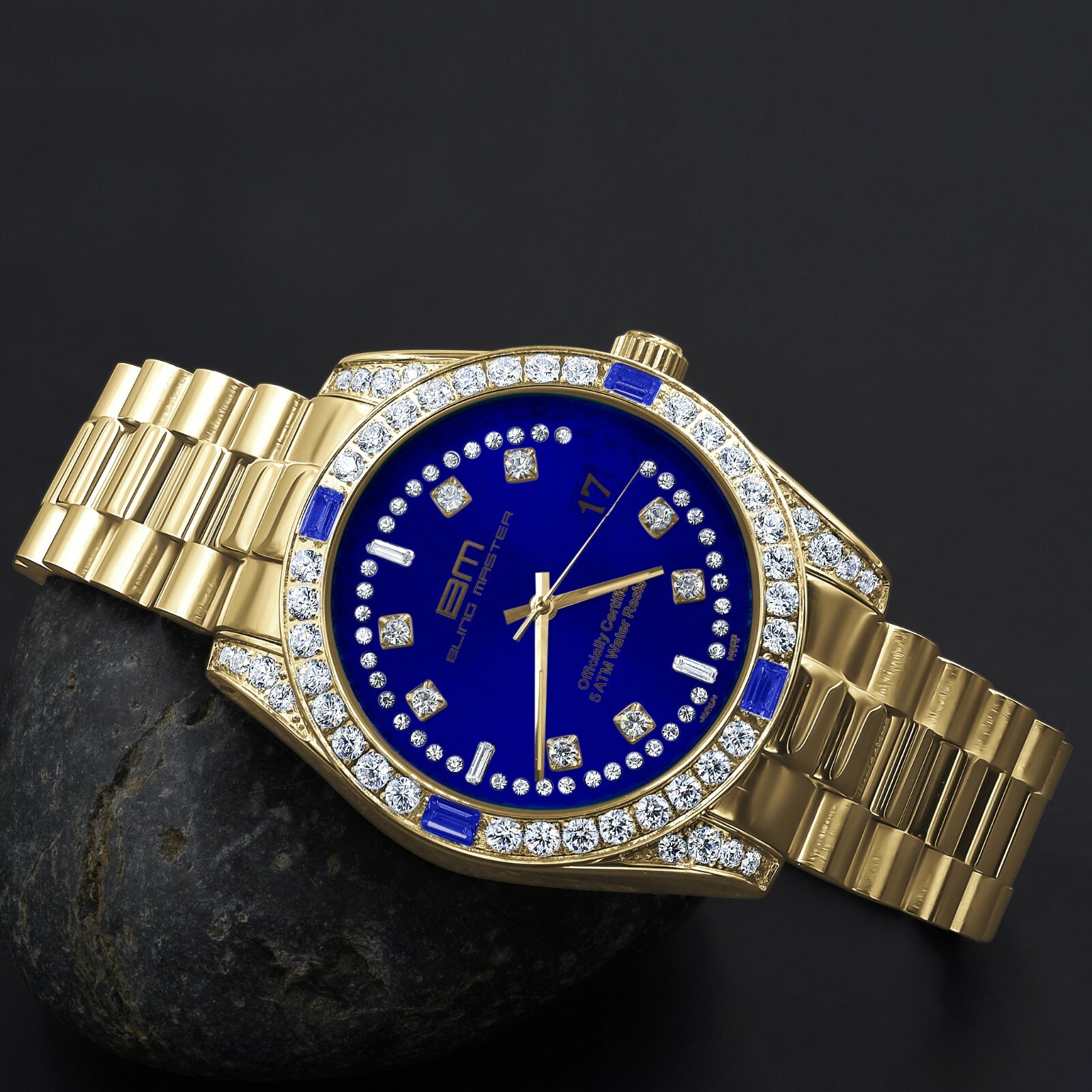 Pre-owned Bling Master 18k Gold Tone Solid Steel Blue Dial Simulated Diamonds Mens President Watch 40mm