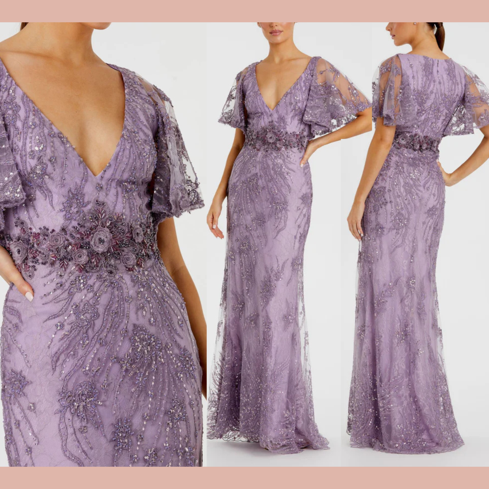 ☆送料関税込☆Mac Duggal☆フリル Aライン ミディドレス Gold Sequined V Neck Illusion Sleeve A Line Gown - Mac Duggal