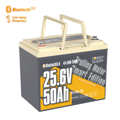 Power Queen 24V 50Ah TM Bluetooth LiFePO4 Battery for 70-100lbs Trolling Motor