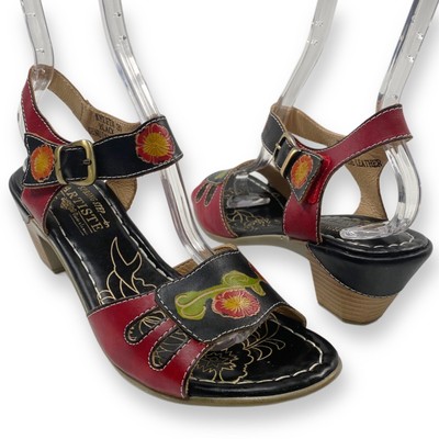 L'artiste, US 8.5, Kyleta, Leather, Black & Red Floral Block Heel Sandals