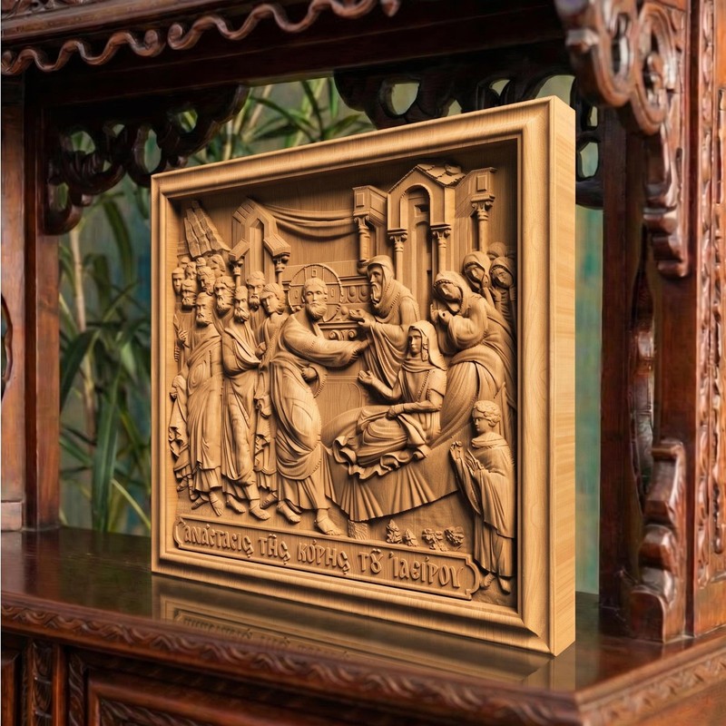 Jesus Raising the Daughter of Jairus Wooden Carved Handmade Greek Christian Icon