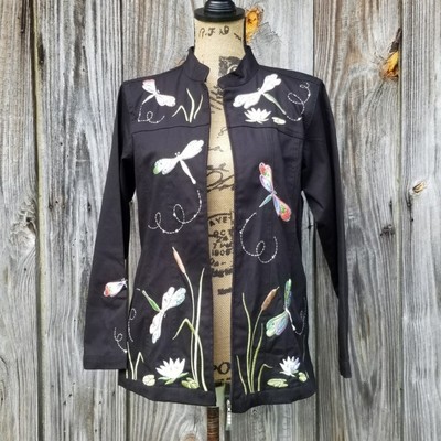 Quacker Factory Embroidered Jacket Size S Flower Insect Black Stretch Zip NWT