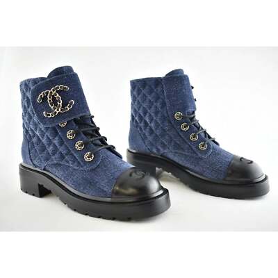 Pre-owned Chanel 21a Blue Black Quilted Cc Chain Combat Lace Up Tie Ankle Short Boots 37.5