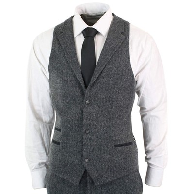 Pre-owned Truclothing Mens Grey Black 3 Piece Tweed Suit Herringbone Wool Vintage Retro In Charcoal