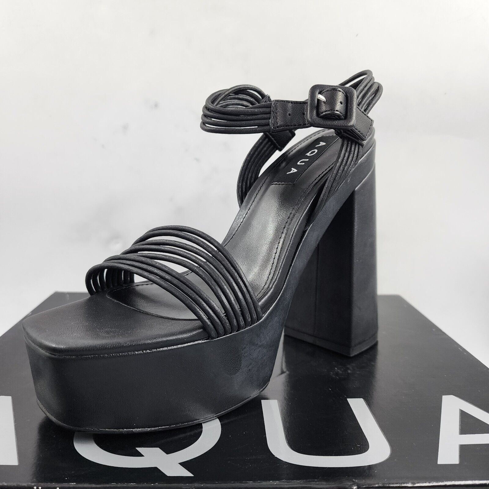 AQUA Sweet Block Heel Platform Sandals Women's 7M Black Solid Square Open Toe - Picture 16 of 16