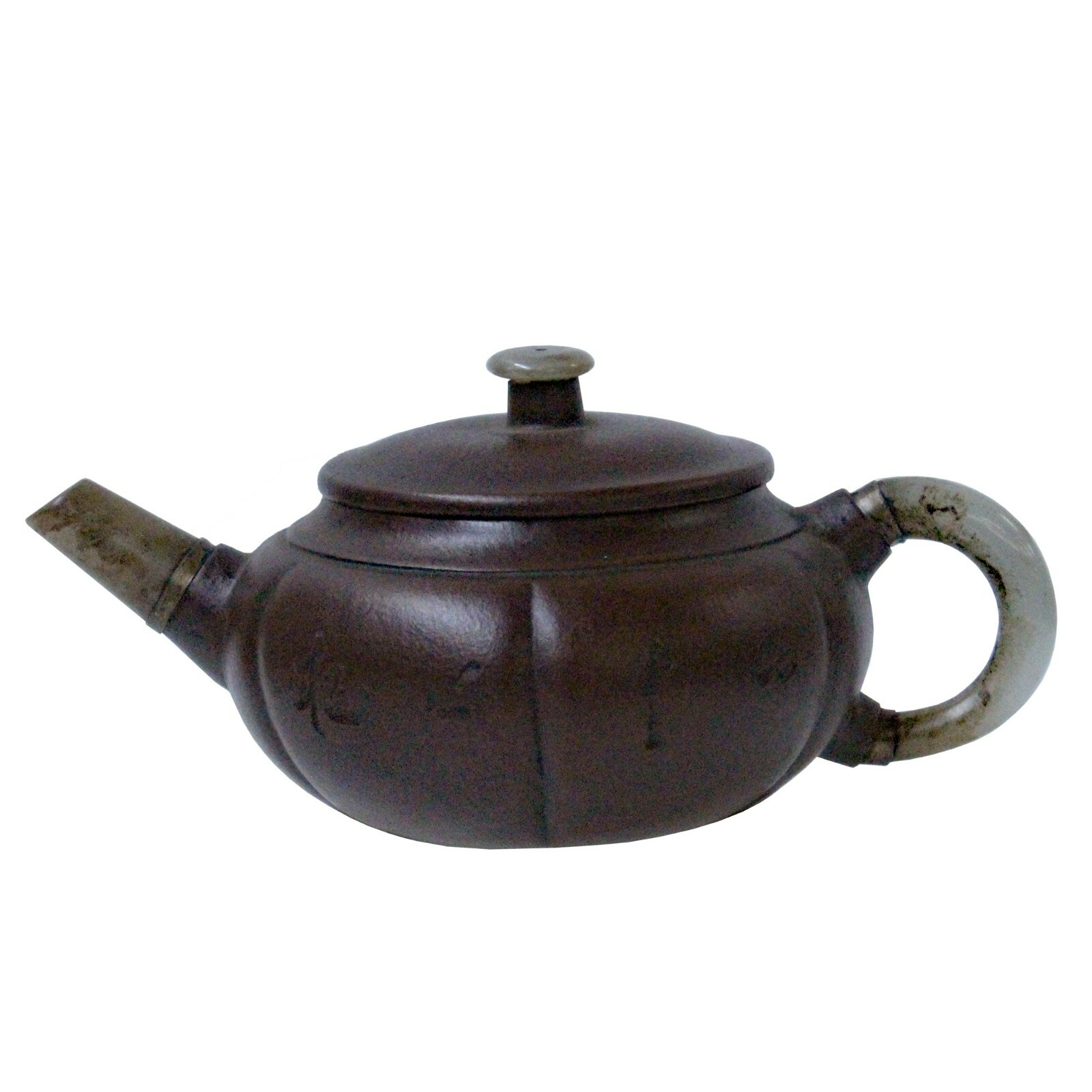Chinese Zisha Clay Medium Brown Jade Stone Handle Teapot Display Art ws998S Chinese Zisha Clay Medium Brown Jade Stone Handle Teapot Display Art ws998S