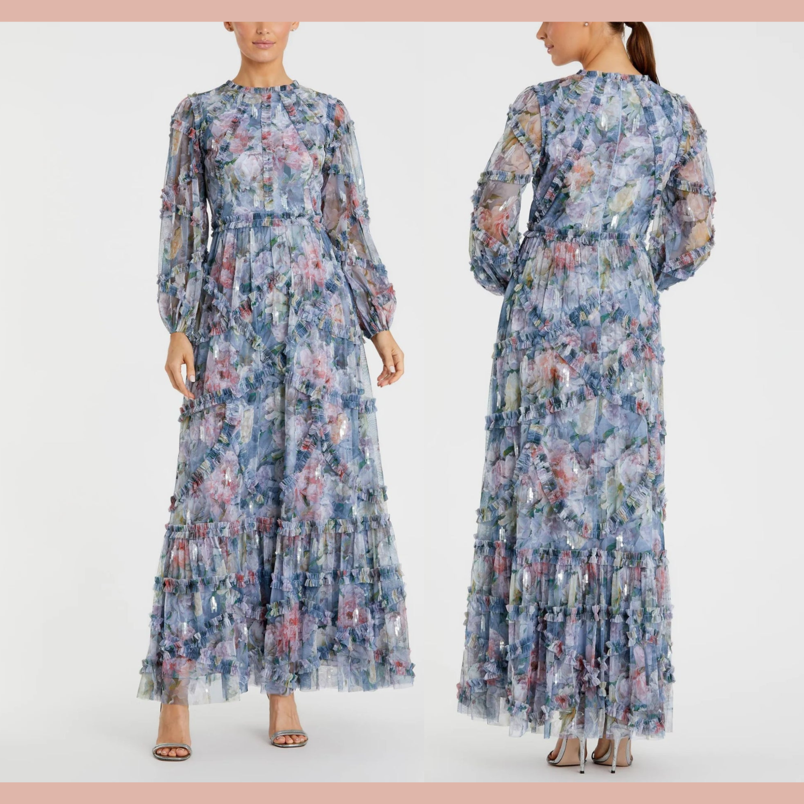 パーティードレス Mac Duggal Floral Chiffon Bishop-Sleeve Gown NEW Mac Duggal [ 12 ] 8098 Floral Long Sleeve High Neck