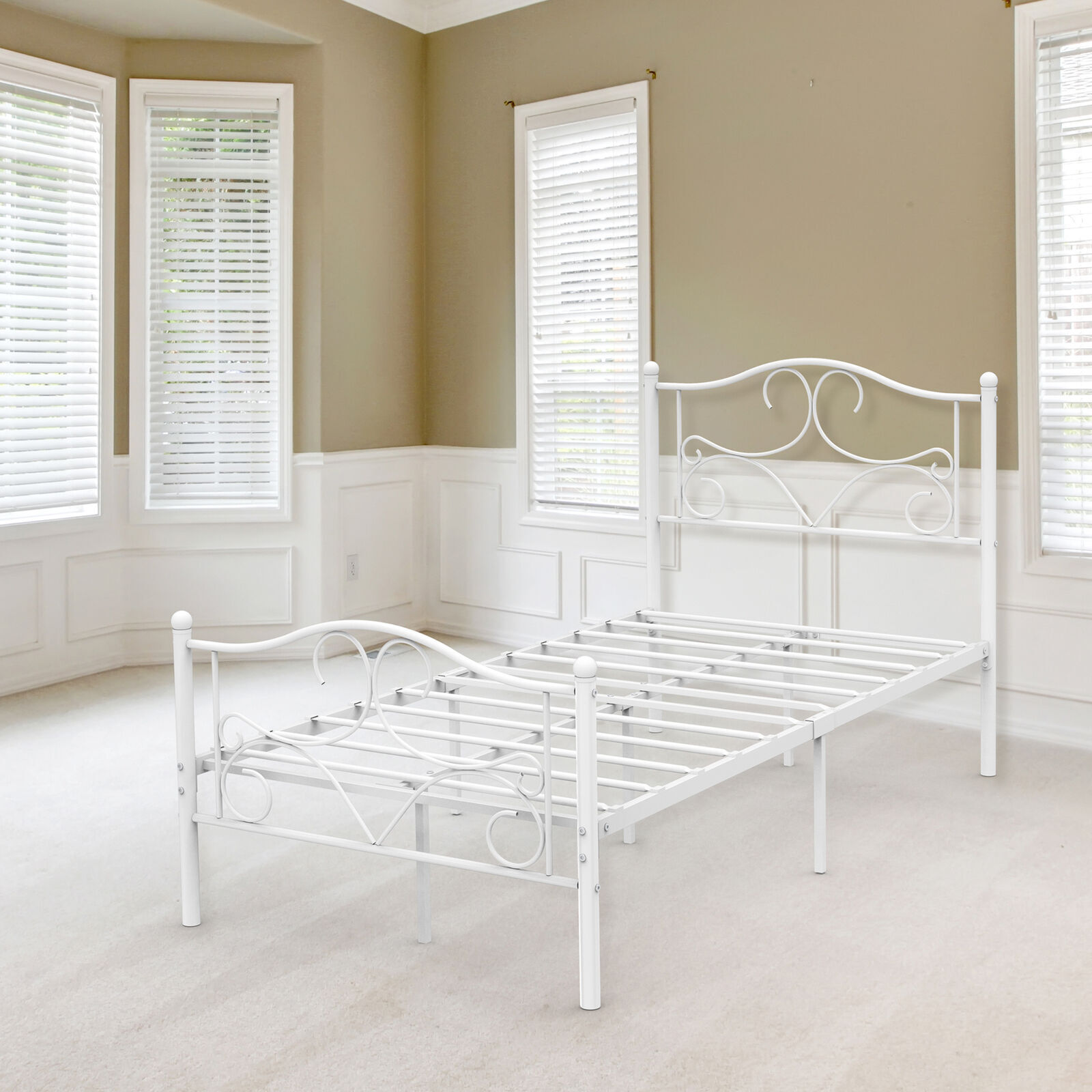 Elegant White Bed Frame with Hollowed out Curved Headboaed and Footboard for Kid