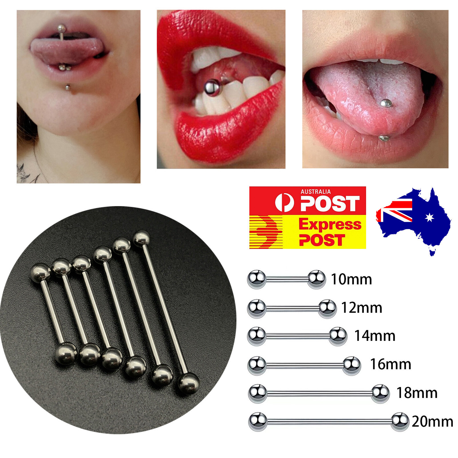 10-20mm Surgical Steel Tongue Bars Ear Ball Barbell Stud Ring Piercing Earring