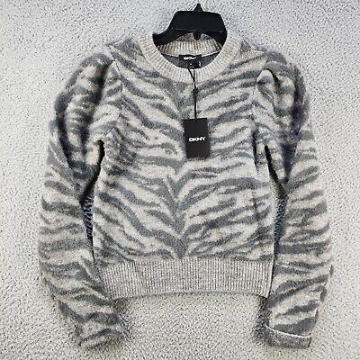 DKNY Eyelash Tiger Textured Sweater Women's XS Grey Crewneck Puff Long Sleeve