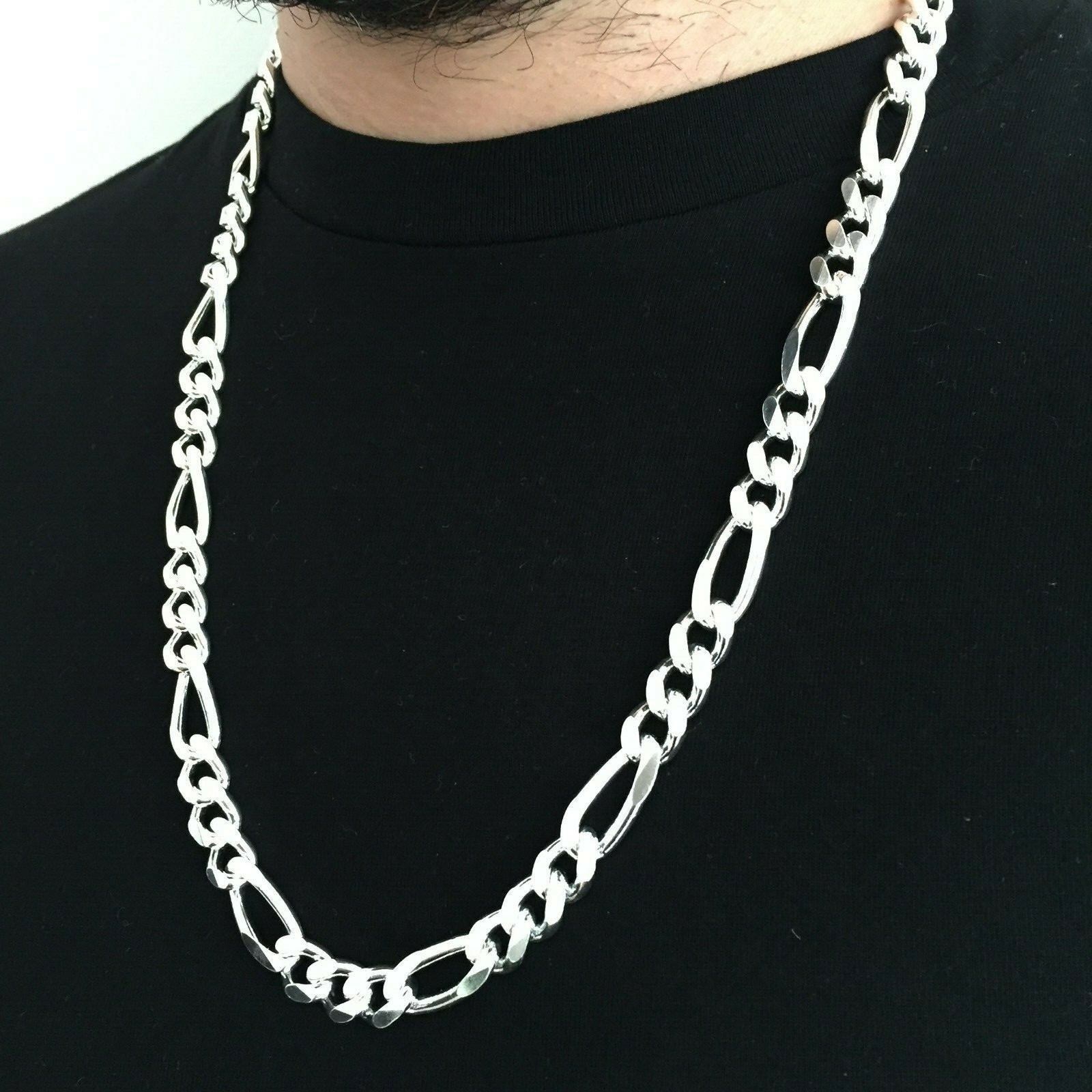 Pre-owned Handmade Real Mens Figaro Link Chain Necklace 11mm 126gr 28inch 925 Silver Sterling