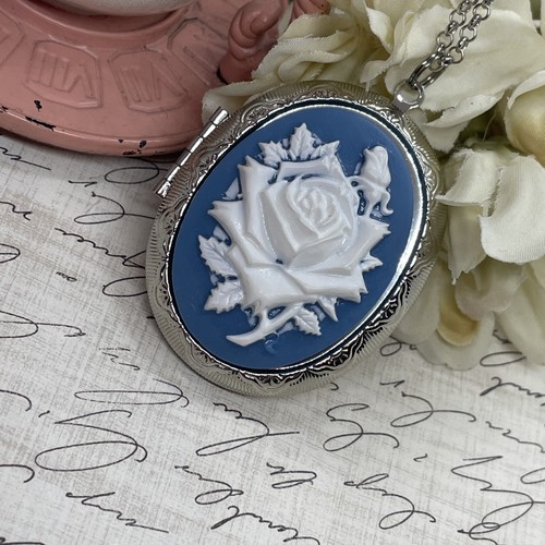 SLTONE Locket Setting Dusty Blue Teal Blue Rose Cameo White Mom Daughter Keepsak