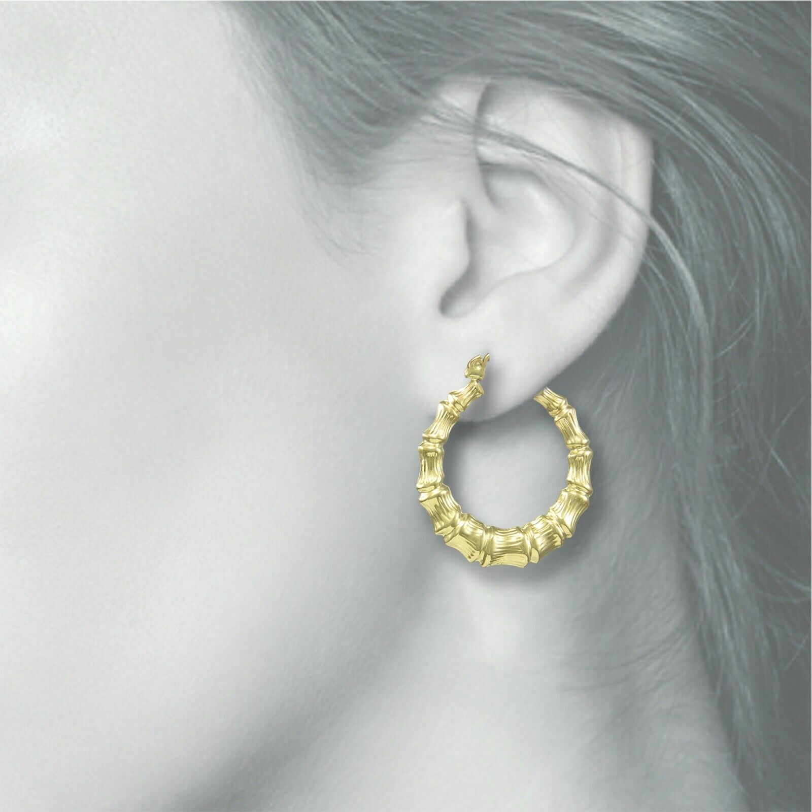 Pre-owned Handmade 10k Yellow Gold Round Bamboo Hoop Earrings - Door Knocker Women - 18.0 Mm