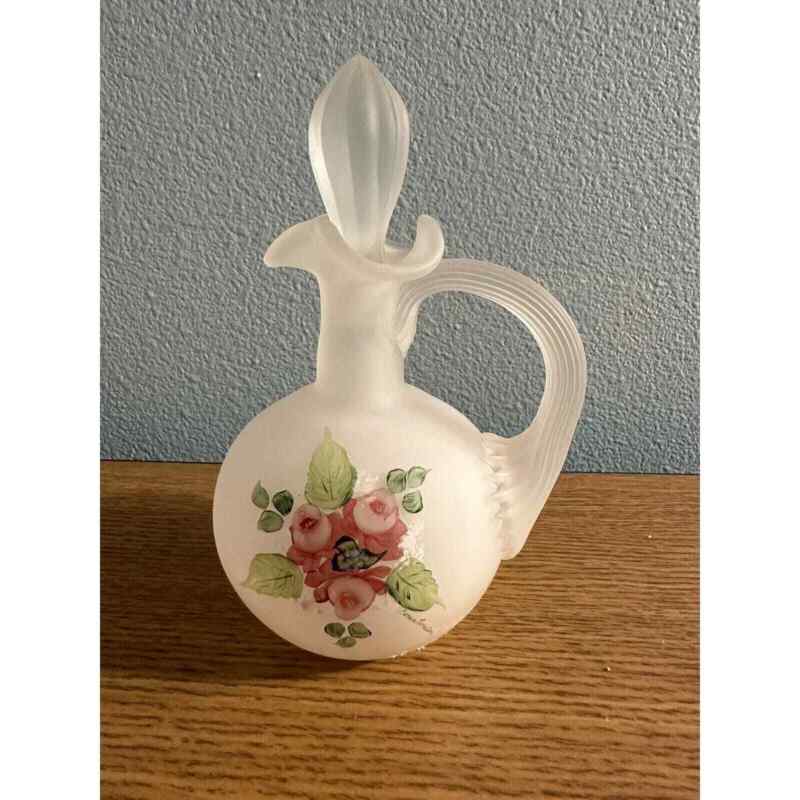 Clear Satin Glass Hand Painted Cruet w/ Stopper - Red Roses Design