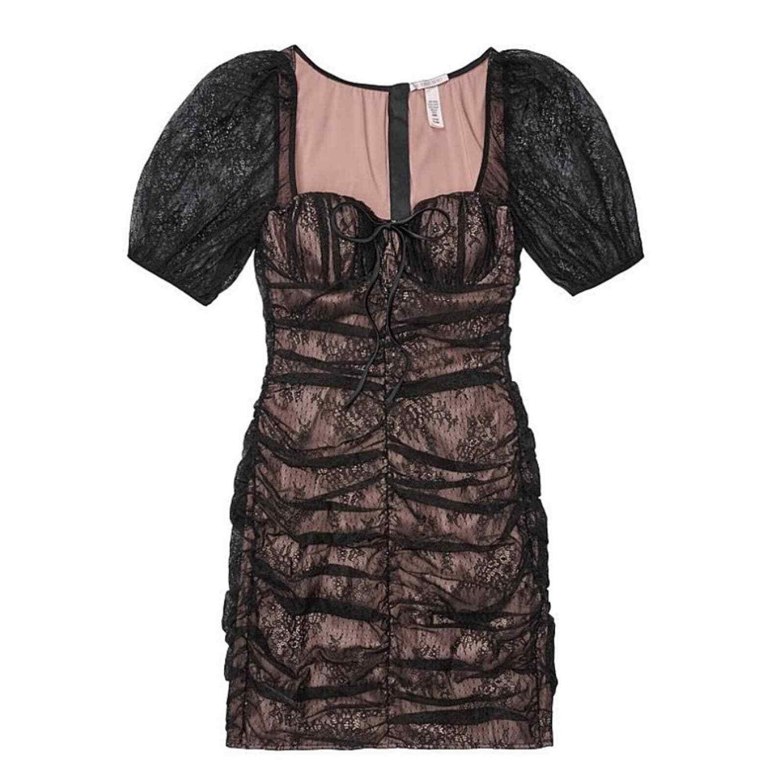 

Черное мини-платье Victorias Secret с пышными рукавами и кружевом с рюшами и рюшами, Черный