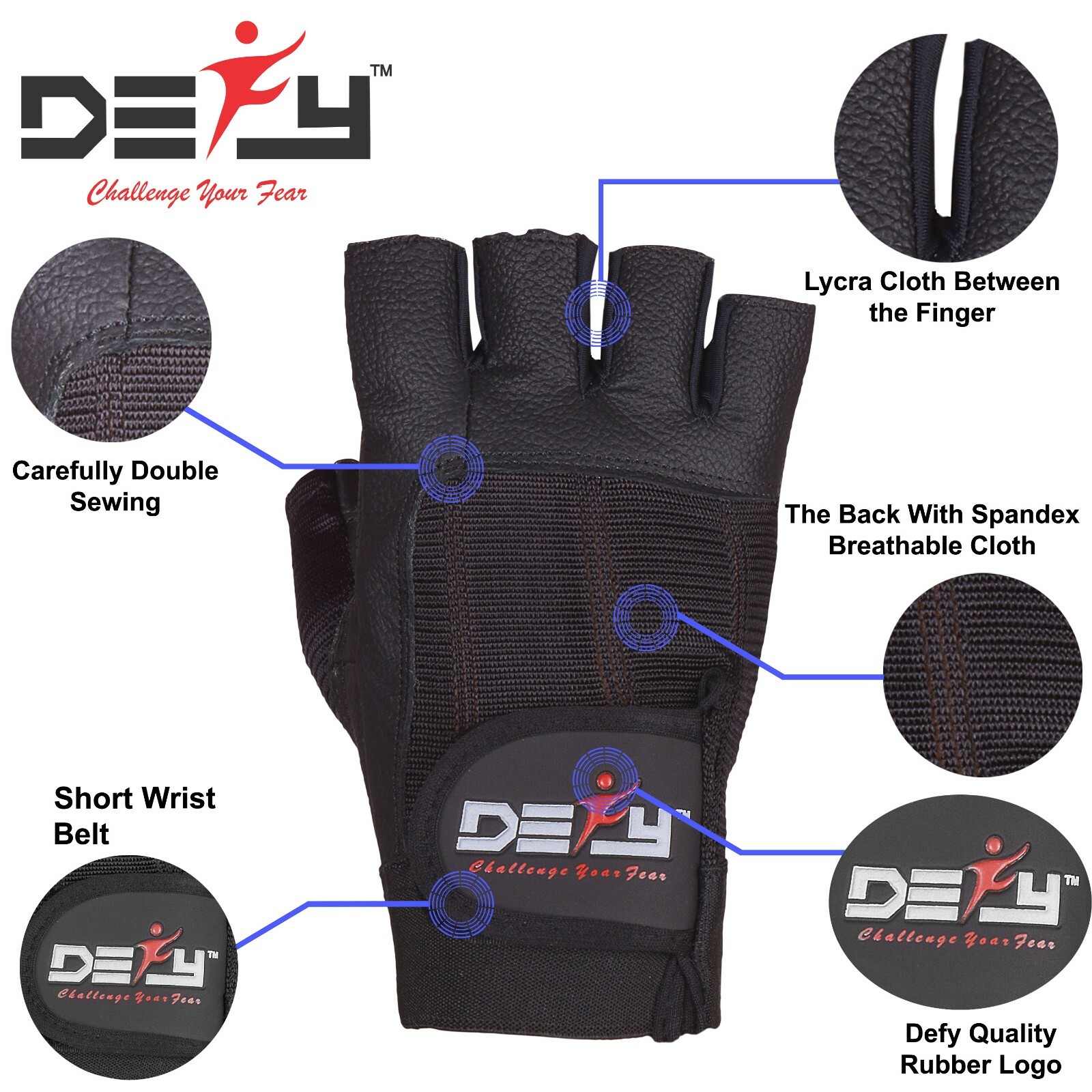 DEFY Real Leather Spandex Padded Gym Gloves Fitness Weightlifting Training Black