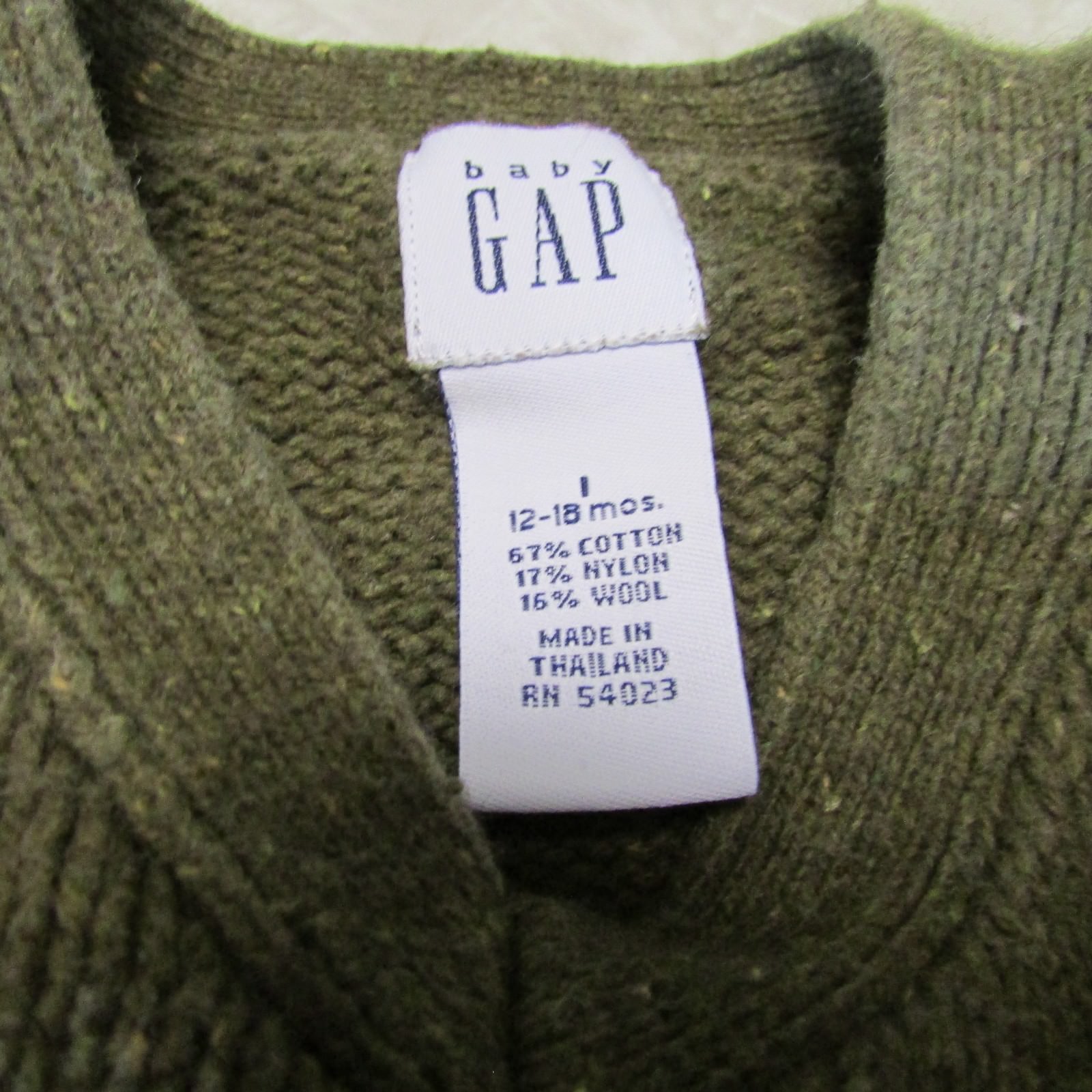 Baby Gap V-Neck Sweater Size 12-18 Months Olive Green Wool Blend Cable Knit