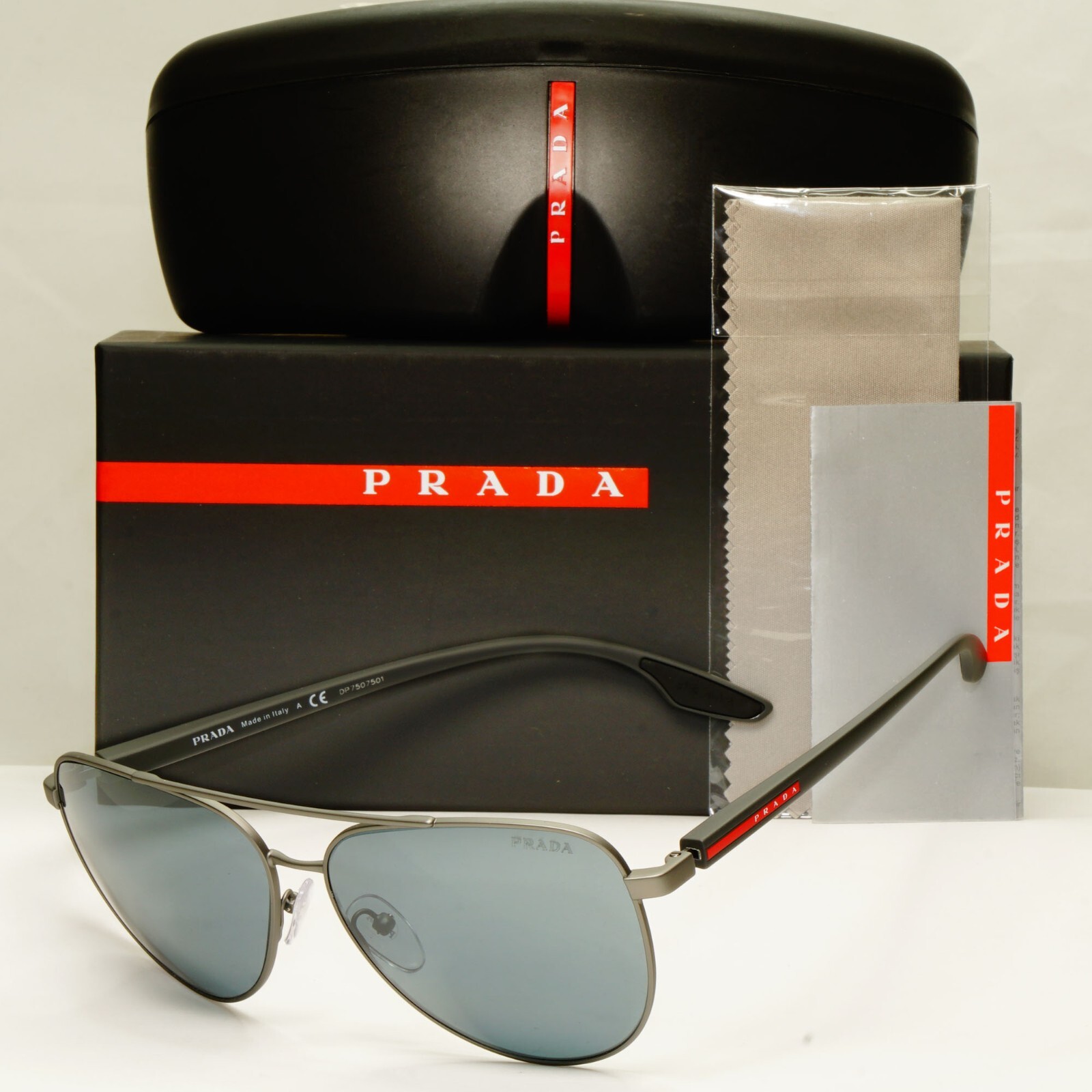Prada Grey Mirror Sunglasses Pilot Gunmetal Silver Mens SPS 52W