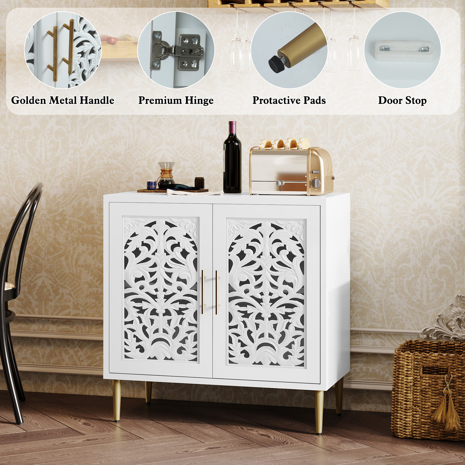 Accent Cabinet Sideboards with Doors Vintage Hollow Carving Buffet Cabinet White