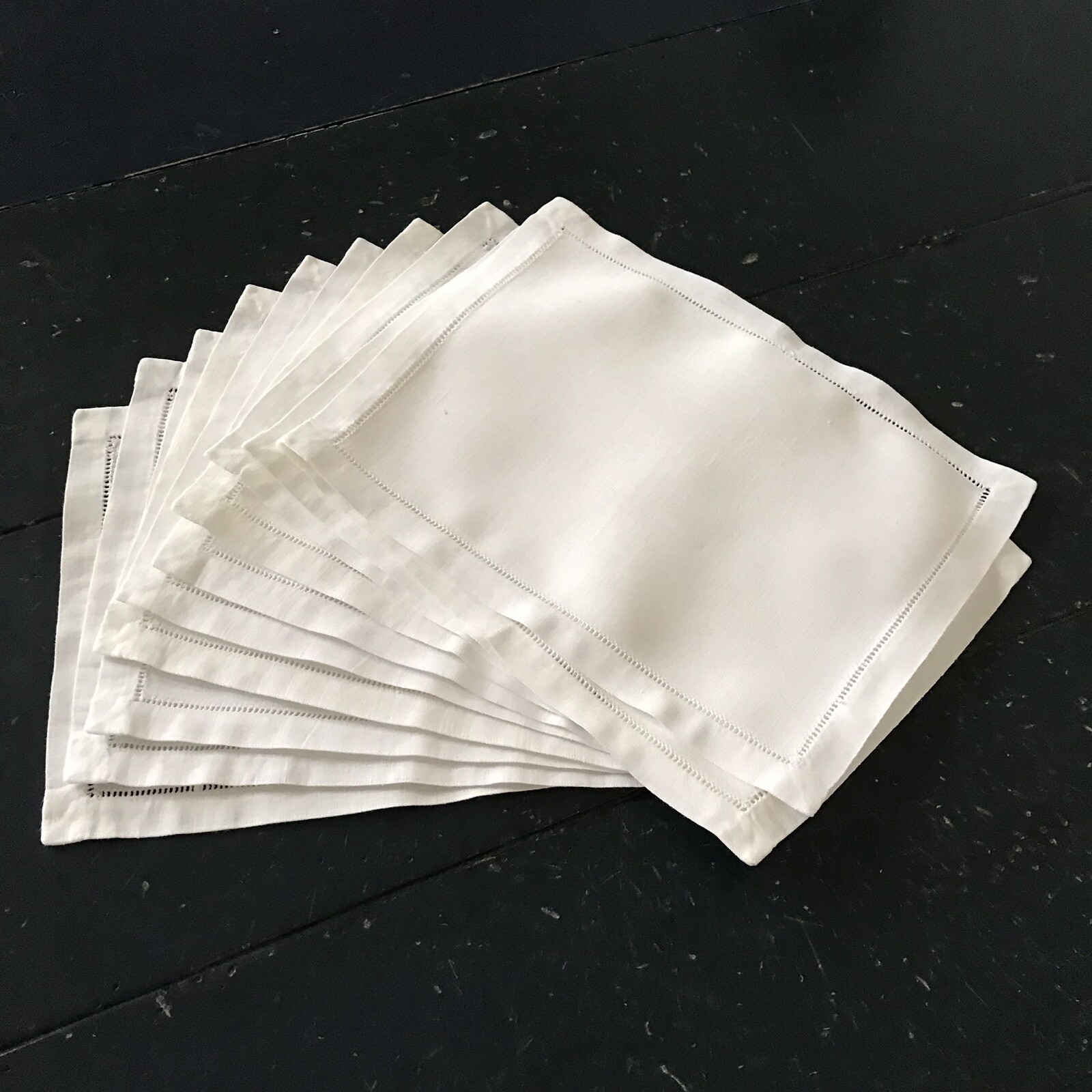 12 VINTAGE CLASSIC COCKTAIL NAPKINS in WHITE LINEN with HEMSTITCHING