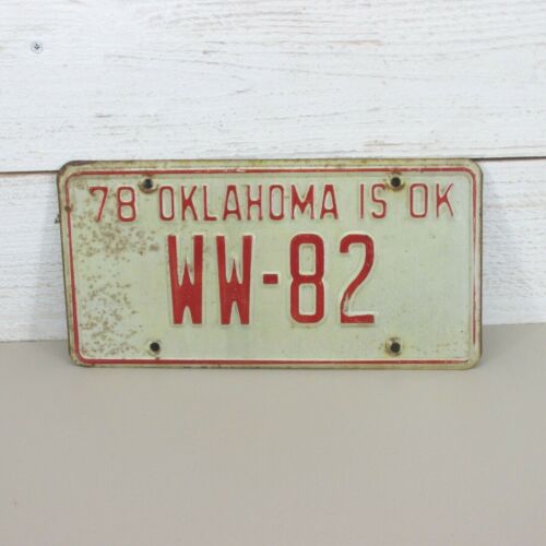 Oklahoma Is OK License Plate Tag VTG Red 1978 WW 82 Decoration Woodward Cnty