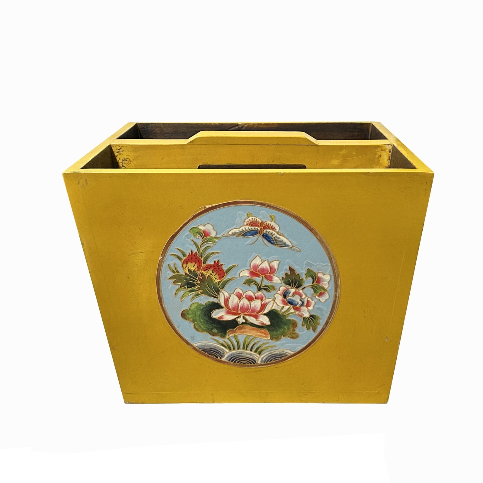 Chinese Wood Square Distressed Yellow Lotus Graphic Handle Bucket ws3509S Chinese Wood Square Distressed Yellow Lotus Graphic Handle Bucket ws3509S