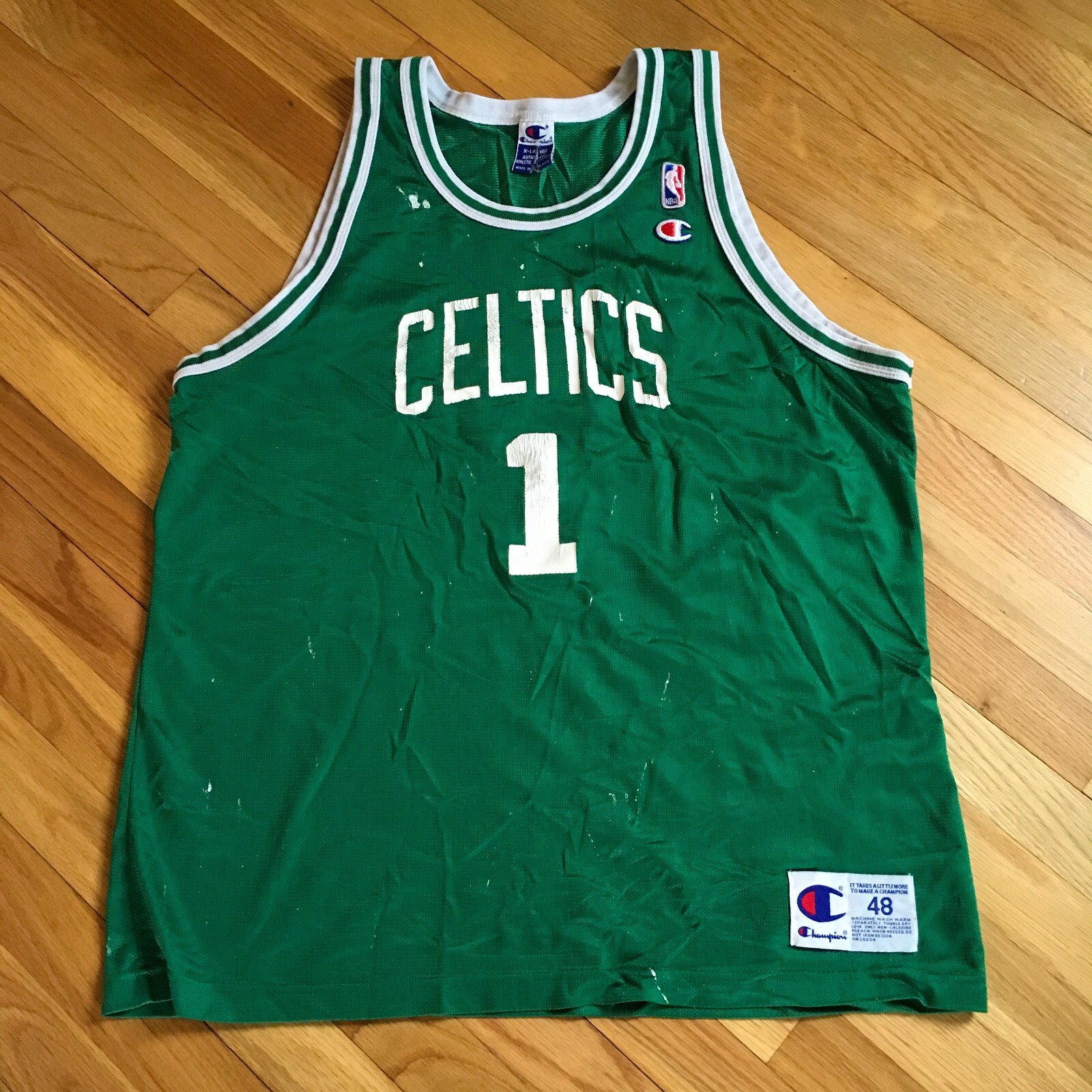 VTG 90s Champion Boston Celtics Jersey #1 48 XL Distressed VTG 90s Champion Boston Celtics Jersey #1 48 XL Distressed