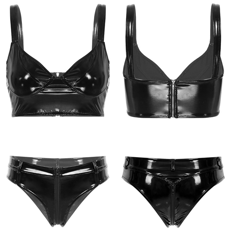Women Patent Leather Lingerie Outfit Clubwear Crop Top Bra with Low Waist Briefs