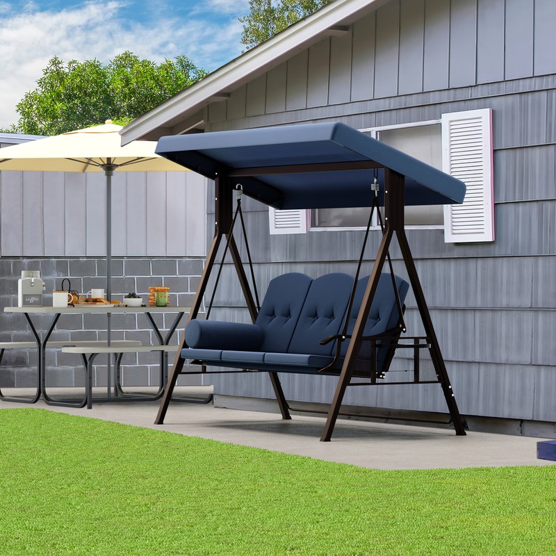 TAUS Deluxe Porch Swing 3-Seat Padded Heavy Duty Steel Patio Chair with Canopy