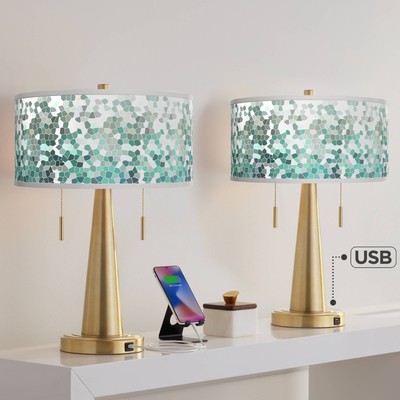 Aqua Mosaic Vicki Gold USB Table Lamps Set of 2
