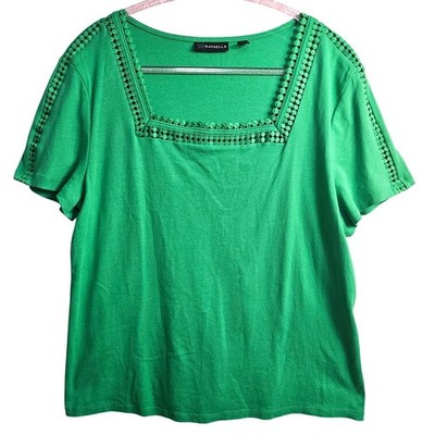 Rafaella Green Square Neck Lace Trim Short Sleeve Blouse Top Plus Size XXL #532