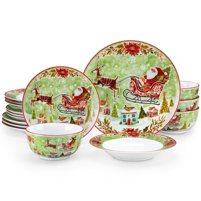 VEWEET 16PCS Xmas Dinnerware Set Porcelain Bowl & Plate Set Christmas Tableware